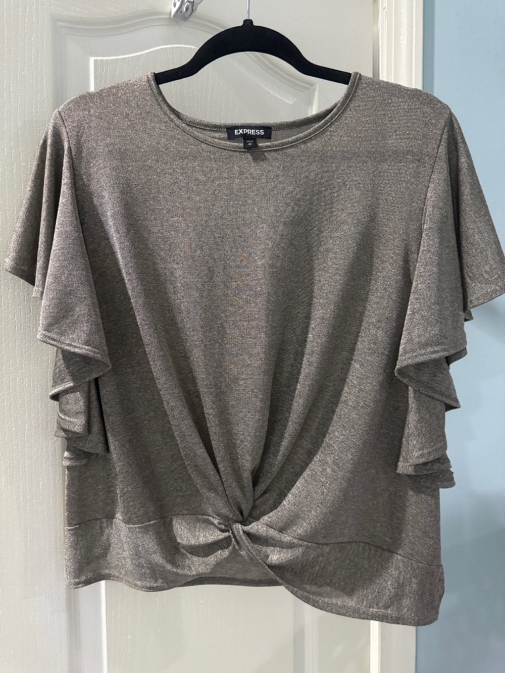 Express Taupe Twist-Front Ruffle Sleeve Top
